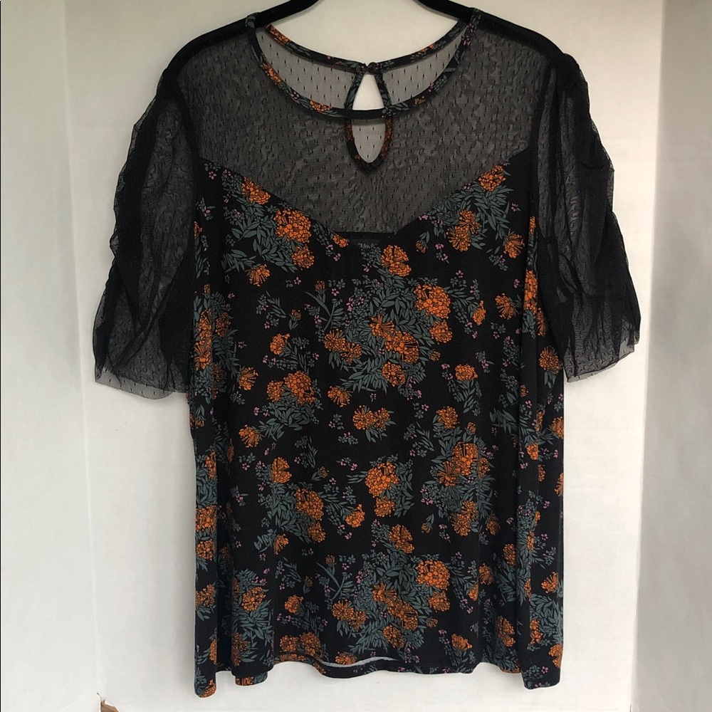 Modcloth Dark Romantic Floral Mesh Yoke Women's Top in Black and Orange 2X